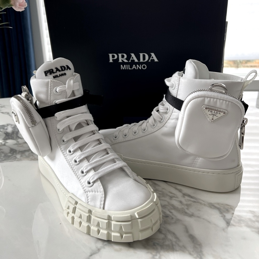PRADA Nylon Gabardine Metal Triangle Logo Wheel Pouch Pocket High Top Sneakers